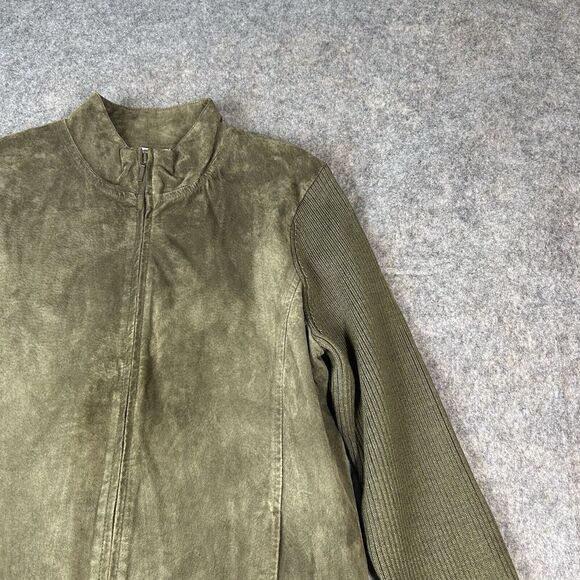 Pendleton Sweater Jacket Black Leather & Merino Wool Zip Front Women's L Olive - Picture 2 of 8